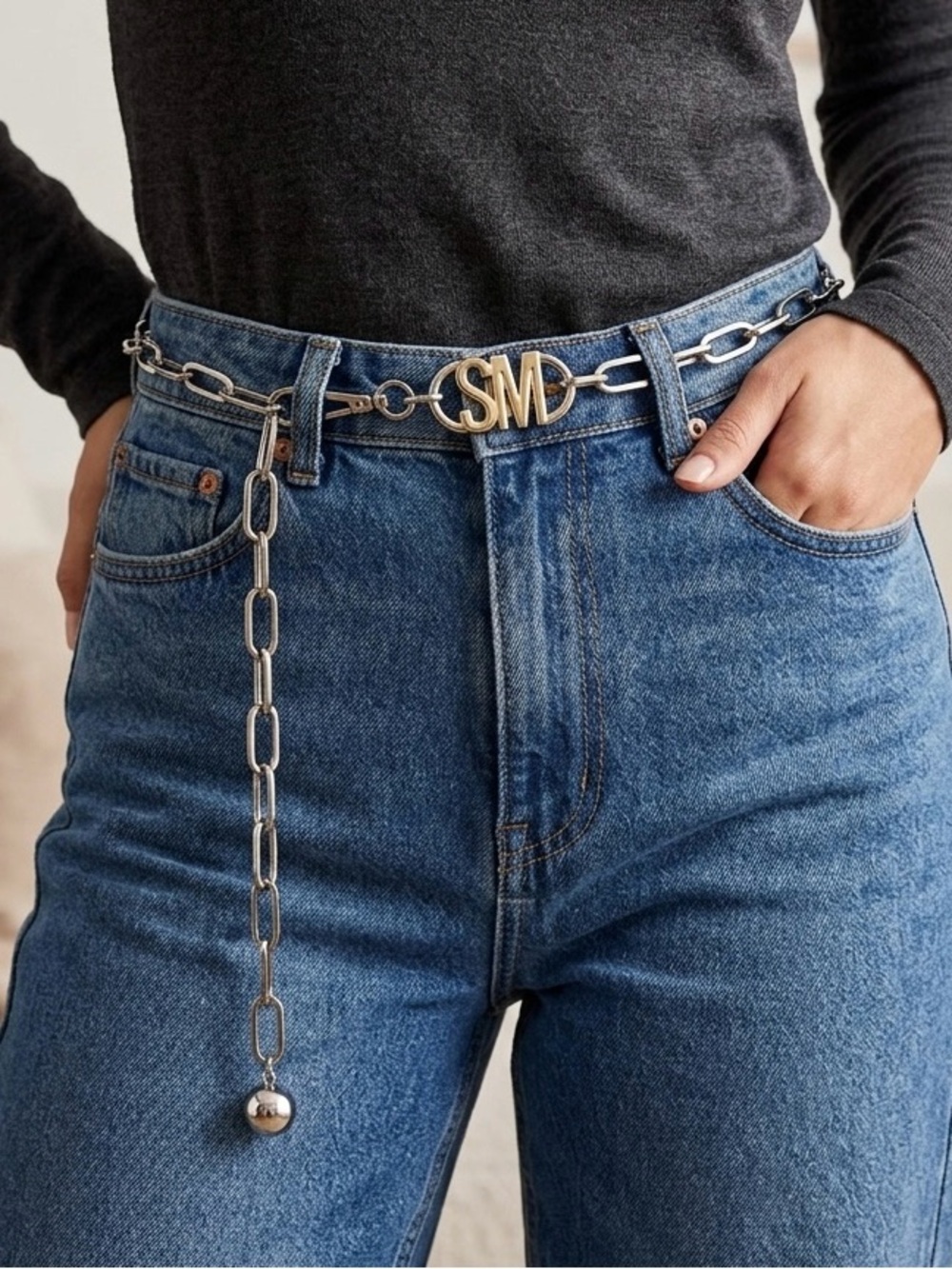 Steve Madden Silver Tone Heavy Chain Belt | Logo Medallion  Adjustable to 44”L